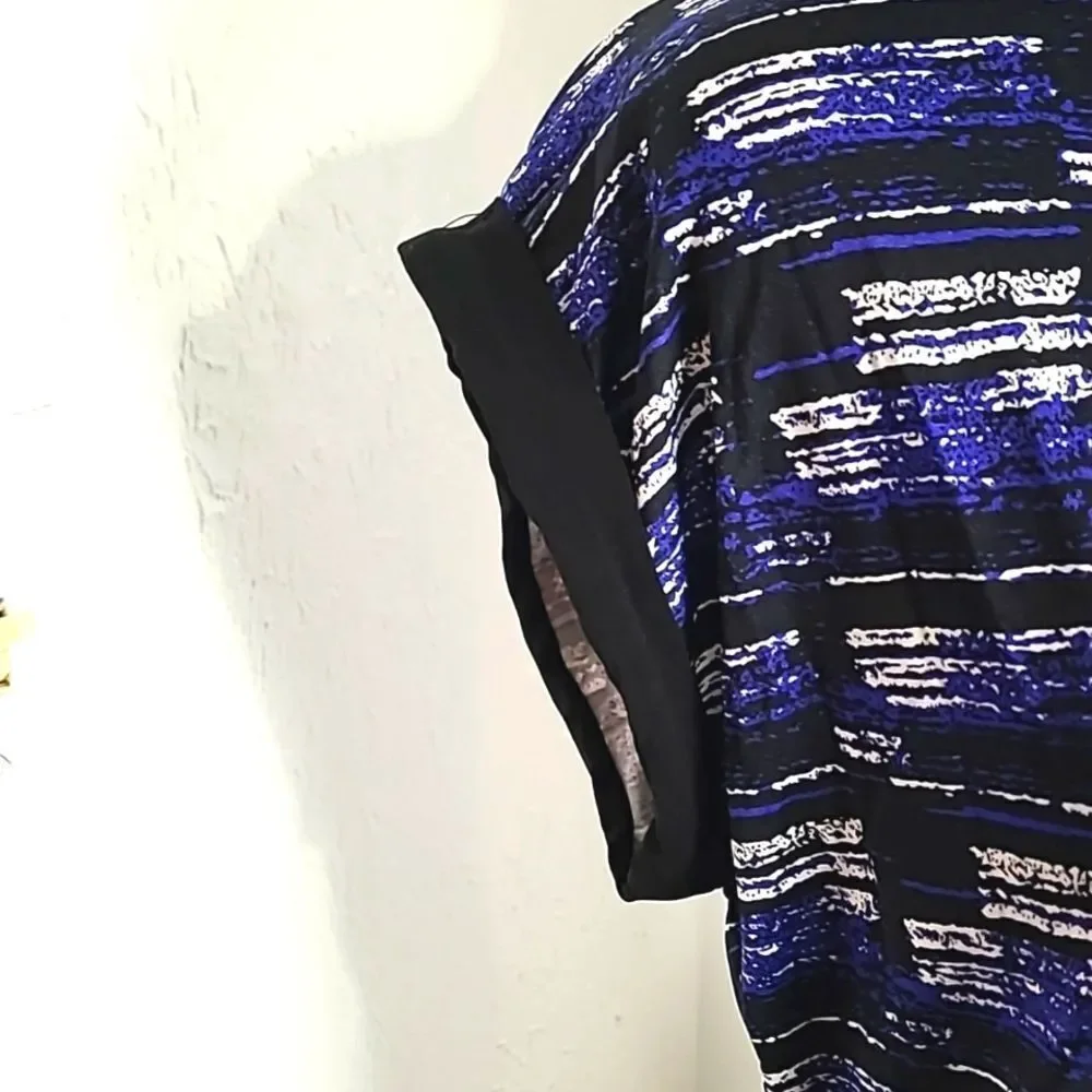 Mandy Evans Navy, Black & White Print Top, Aysemetrical Hem with Belt, Sz Large - Picture 5 of 9